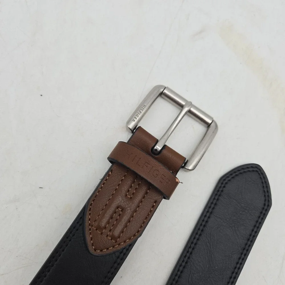 Tommy Hilfiger Belt Black Brown Leather Mens 38 Nickel Buckle NWOT